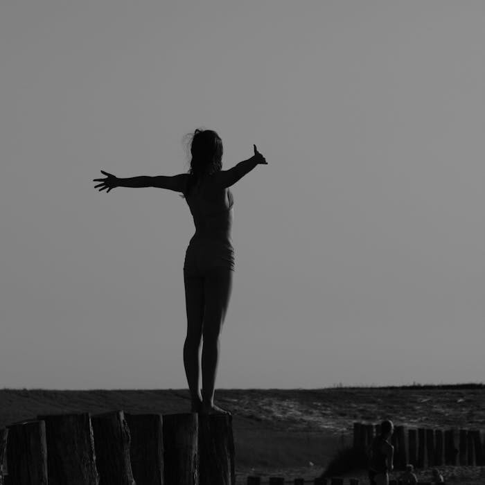 Black and white silhouette of a woman standing with open arms on a fence, symbolizing freedom.