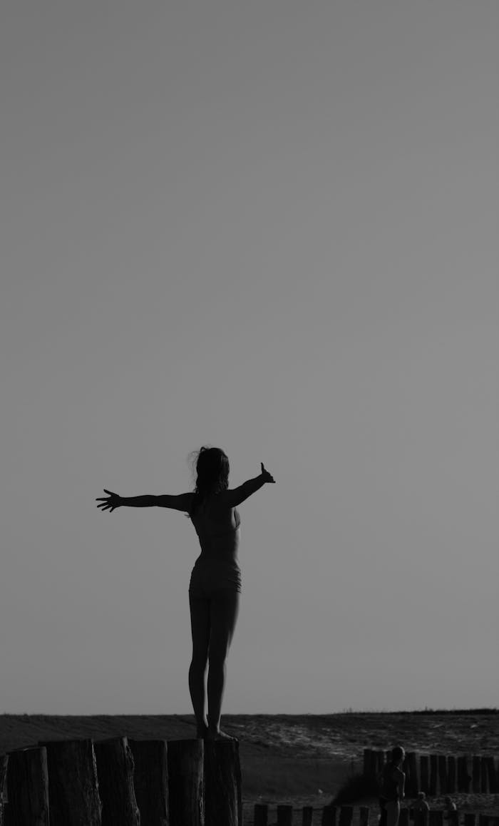 Black and white silhouette of a woman standing with open arms on a fence, symbolizing freedom.